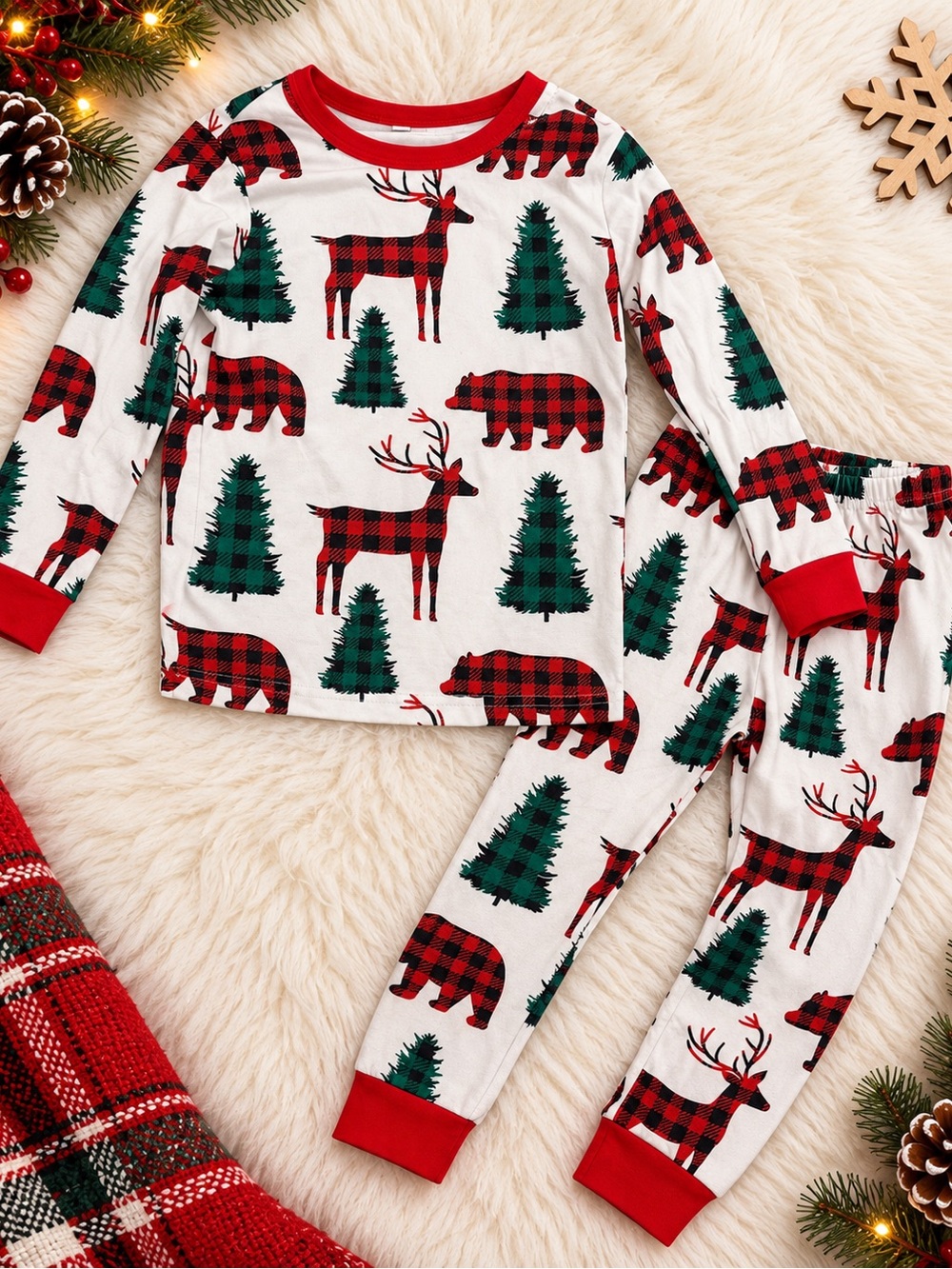 Kids Christmas Pajamas Size 5T Buffalo Plaid Deer Bear Tree Holiday PJ Set